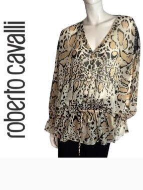 Roberto Cavalli Beige and Black Leopard-Print V-Neck Tunic